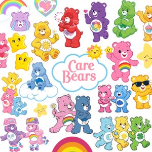 Puede incluir: Una colección de personajes Care Bears en varias poses y colores, incluyendo osos amarillos, rosas, azules, verdes, morados y rojos. La imagen presenta estrellas, arcoíris y un gráfico de nube central con el texto Care Bears en letras rosas.