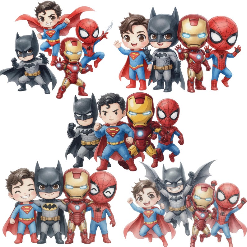 K&ouml;nnte beinhalten: Aquarellillustration verschiedener Superhelden, darunter Superman, Batman, Iron Man und Spider-Man. Die Figuren sind im Chibi-Stil dargestellt, mit gro&szlig;en K&ouml;pfen und vereinfachten Merkmalen. Jeder Charakter tr&auml;gt sein charakteristisches Kost&uuml;m.