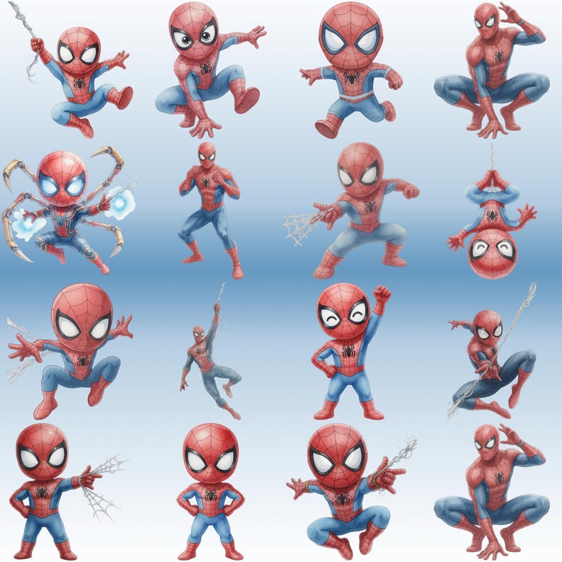 K&ouml;nnte beinhalten: Eine Sammlung von Cartoon-Illustrationen von Spider-Man in verschiedenen Action-Posen. Die Illustrationen zeigen Spider-Man in seinem klassischen rot-blauen Anzug, mit Netzwerfern und Netzschleuder-Aktionen. Der Hintergrund ist ein hellblauer Farbverlauf.