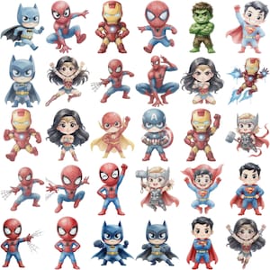 K&ouml;nnte beinhalten: Eine Sammlung von Aquarellillustrationen mit verschiedenen Superhelden, darunter Batman, Spider-Man, Iron Man, Hulk und Superman. Jede Figur wird in einem Chibi-Stil mit leuchtenden Farben und detaillierten Kost&uuml;men dargestellt. Das Bild ist eine farbenfrohe Darstellung von Comicfiguren.