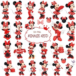 May include: A collection of digital illustrations featuring Minnie Mouse in various poses and outfits, primarily in red and white polka dot patterns. The central text reads 80+ PNGs MINNIE RED, surrounded by icons of a bow, a crown, and a macaron.