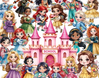 Princess Baby Girl Kids Cliparts Design PNG Bundle Chibi Template Download Digital File Snow White Frozen Moana Little Mermaid