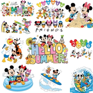 May include: A collection of colorful cartoon images featuring Mickey Mouse, Minnie Mouse, Donald Duck, Goofy, and other Disney characters. The images include the words "Hello Summer" and "Friends", and depict the characters in various summer activities.