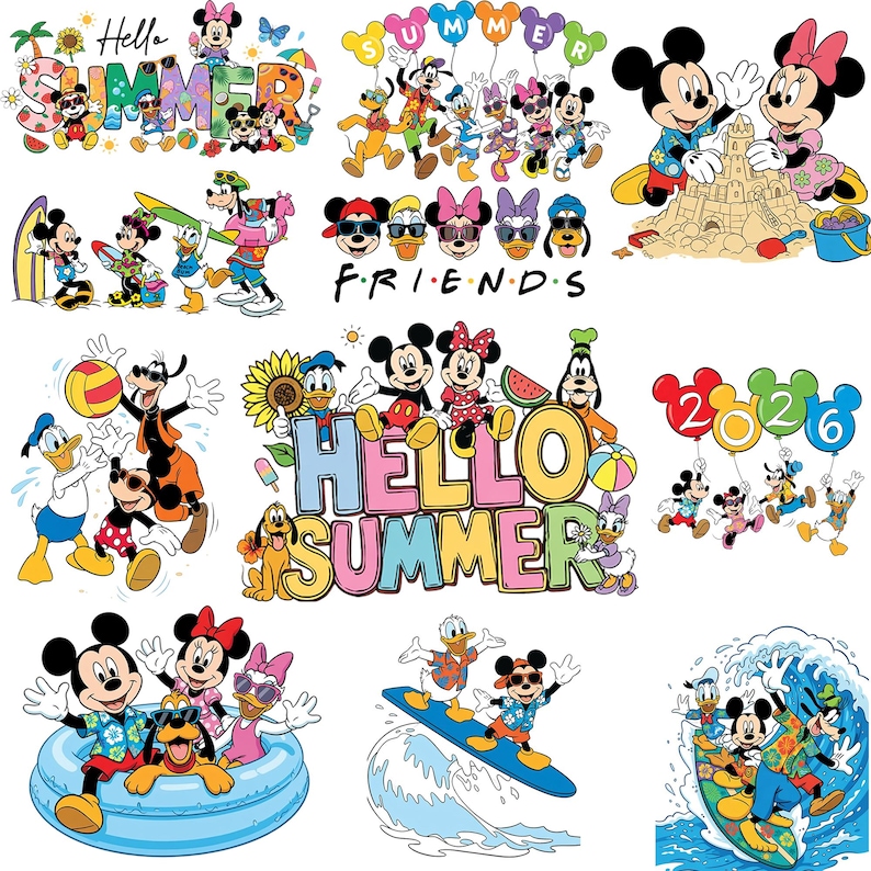 May include: A collection of colorful cartoon images featuring Mickey Mouse, Minnie Mouse, Donald Duck, Goofy, and other Disney characters. The images include the words "Hello Summer" and "Friends", and depict the characters in various summer activities.