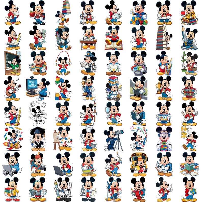 May include: A collage of Mickey Mouse illustrations in various poses and professions. Mickey is depicted holding books, pencils, and other school supplies. He is also shown as a chef, a police officer, and a musician. The images are colorful and cartoon-like.