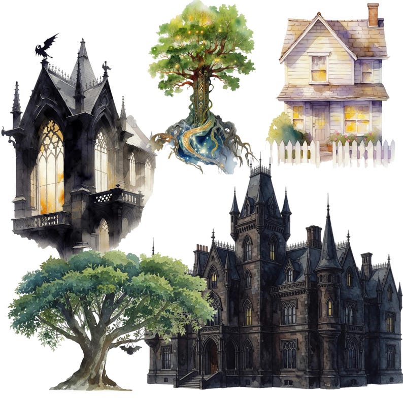 K&ouml;nnte beinhalten: Aquarellillustrationen verschiedener Geb&auml;ude und eines Baumes. Zu den Geb&auml;uden geh&ouml;ren ein gotisches Schloss, ein traditionelles Haus mit wei&szlig;em Zaun und eine gotische Kirche. Dargestellt ist auch ein gro&szlig;er Baum mit freiliegenden Wurzeln.
