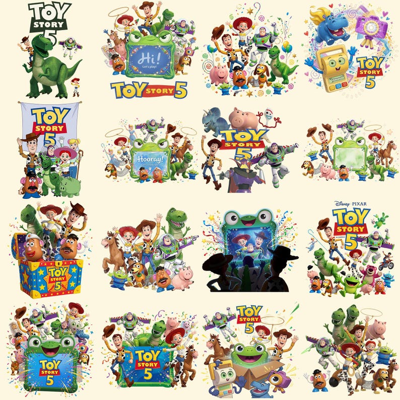 K&ouml;nnte beinhalten: Eine Sammlung von sechzehn farbenfrohen grafischen Illustrationen mit verschiedenen Toy Story 5-Figuren wie Woody, Buzz Lightyear, Rex und Mr. Potato Head. Die Designs enthalten das Toy Story 5-Logo, gr&uuml;ne froschf&ouml;rmige Rahmen und Konfetti.