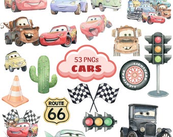 Cars PNG Cliparts Bundle, Lightning McQueen Tow Mater, Cars Characters PNG Cartoon Cliparts, Shirt, Cake Topper, Birthday, Cars Sublimation