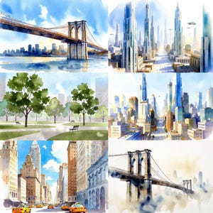 K&ouml;nnte beinhalten: Aquarellmalereien von New Yorker Szenen. Die Bilder zeigen die Brooklyn Bridge, Stadtlandschaften mit Wolkenkratzern, einen Park mit B&auml;umen und B&auml;nken sowie Stra&szlig;en mit gelben Taxis. Die Kunstwerke haben einen weichen, k&uuml;nstlerischen Stil mit Fokus auf Licht und Farbe.