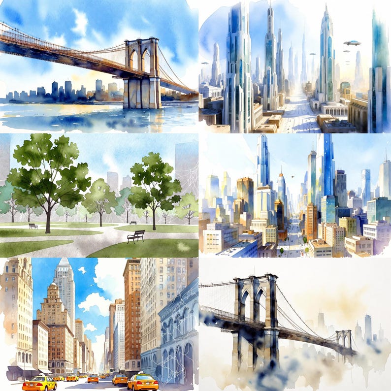 K&ouml;nnte beinhalten: Aquarellmalereien von New Yorker Szenen. Die Bilder zeigen die Brooklyn Bridge, Stadtlandschaften mit Wolkenkratzern, einen Park mit B&auml;umen und B&auml;nken sowie Stra&szlig;en mit gelben Taxis. Die Kunstwerke haben einen weichen, k&uuml;nstlerischen Stil mit Fokus auf Licht und Farbe.