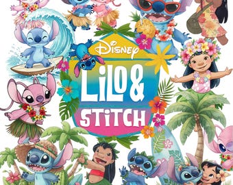 4000px PNG Lilo and Stitch Watercolor Clipart Bundle PNG, Lilo and Stitch Clipart, Beach Tropical Flowers Clipart, Cute Stitch Characters