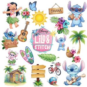 Puede incluir: Ilustraciones en acuarela de personajes y elementos de Lilo & Stitch de Disney. Incluye a Lilo, Stitch, tablas de surf, un ukelele, una bicicleta, palmeras y la palabra "Ohana".