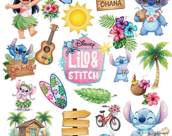 Lilo and Stitch Watercolor Clipart Bundle PNG, Lilo and Stitch Clipart, Beach Tropical Flowers Clipart, Cute Stitch Characters PNG