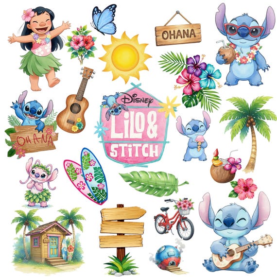 Lilo and Stitch Watercolor Clipart Bundle PNG, Lilo and Stitch Clipart, Beach Tropical Flowers Clipart, Cute Stitch Characters PNG