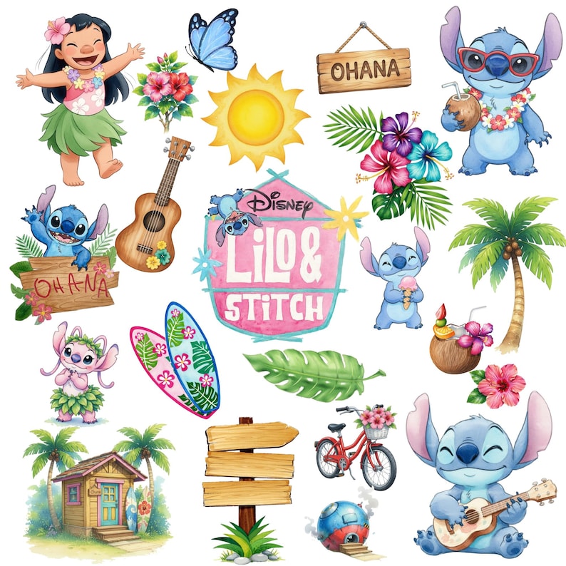 May include: Watercolor illustrations of characters and elements from Disney's Lilo & Stitch. Includes Lilo, Stitch, surfboards, a ukulele, a bicycle, palm trees, and the word "Ohana".