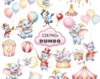 100+ Dumbo Watercolor Clipart Bundle PNG, Dumbo Elephant Clipart, Blue Pink Children's Birthday Party Clipart, Cute Dumbo Characters PNG