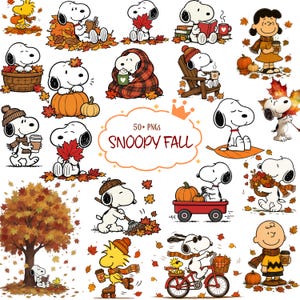 May include: A collection of Snoopy and Peanuts character illustrations featuring autumn themes, including pumpkins, falling leaves, warm beverages, scarves, and hats. The central text reads 50+ PNGs SNOOPY FALL, showcasing various seasonal activities.