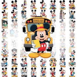 May include: A collection of Mickey Mouse character images in various poses, with a yellow school bus in the center. Mickey is holding a notepad and pencil. The images feature Mickey with books, pencils, and other school-related items.