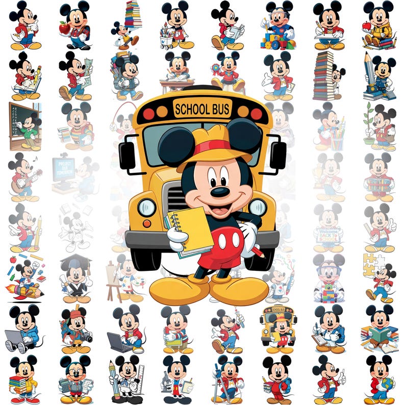 May include: A collection of Mickey Mouse character images in various poses, with a yellow school bus in the center. Mickey is holding a notepad and pencil. The images feature Mickey with books, pencils, and other school-related items.