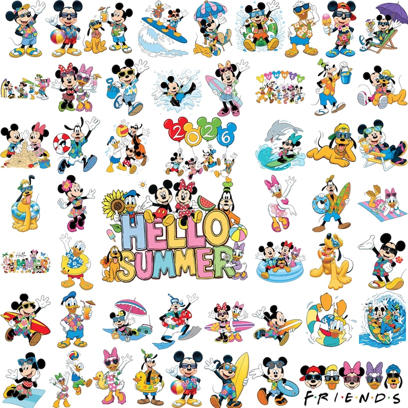 May include: A collection of colorful cartoon images featuring Mickey Mouse, Minnie Mouse, Donald Duck, Goofy, and Pluto in various summer activities. The phrase "HELLO SUMMER" is prominently displayed, along with the word "FRIENDS".
