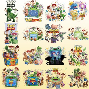 K&ouml;nnte beinhalten: Eine Sammlung von sechzehn verschiedenen grafischen Illustrationen mit Charakteren aus Toy Story 5, darunter Woody, Buzz Lightyear, Rex und Mr. Potato Head. Jedes Design enth&auml;lt das Toy Story 5-Logo, buntes Konfetti und verschiedene verspielte Szenen mit der Gruppe animierter Spielzeuge.