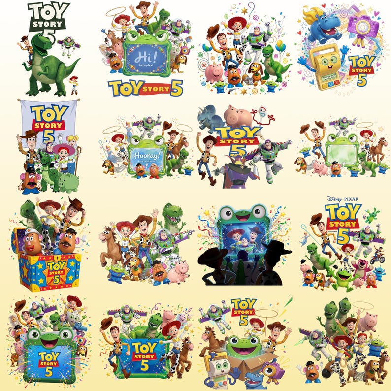K&ouml;nnte beinhalten: Eine Sammlung von sechzehn verschiedenen grafischen Illustrationen mit Charakteren aus Toy Story 5, darunter Woody, Buzz Lightyear, Rex und Mr. Potato Head. Jedes Design enth&auml;lt das Toy Story 5-Logo, buntes Konfetti und verschiedene verspielte Szenen mit der Gruppe animierter Spielzeuge.