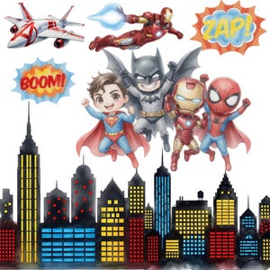 K&ouml;nnte beinhalten: Aquarell-Illustration mit Superhelden wie Superman, Batman, Iron Man und Spider-Man, zusammen mit einem Jet und Comic-Soundeffekten. Die Szene zeigt eine Stadtsilhouette mit farbigen Fenstern, wodurch eine dynamische Komposition entsteht.
