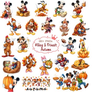 Peut inclure: Une collection d'illustrations numériques représentant Mickey Mouse et ses amis dans des tenues et activités sur le thème de l'automne, avec des citrouilles, des dindes et des feuilles. Le texte central indique 180+ PNGs Mikey & Frineds Autumn.