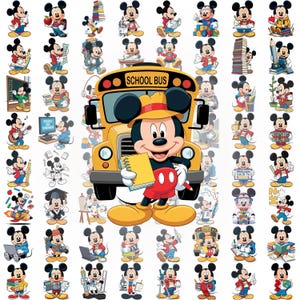 May include: A collage of Mickey Mouse illustrations in various poses, many with school-related themes. A yellow school bus with the words "SCHOOL BUS" is in the center. Mickey is holding a yellow notepad and wearing a hat.