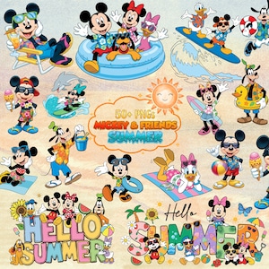 May include: A collection of colorful digital images featuring Mickey Mouse, Minnie Mouse, Donald Duck, Goofy, and Pluto in summer-themed scenes. The images include characters surfing, relaxing, and enjoying ice cream. Text includes "50+ PNGs" and "Hello Summer".