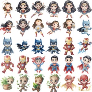 K&ouml;nnte beinhalten: Eine Sammlung von Illustrationen im Aquarellstil von Superhelden, darunter Wonder Woman, Batman, Iron Man, Superman, The Flash und Groot. Die Charaktere sind in einem niedlichen Chibi-Stil mit leuchtenden Farben und dynamischen Posen dargestellt. Der Hintergrund ist wei&szlig;.