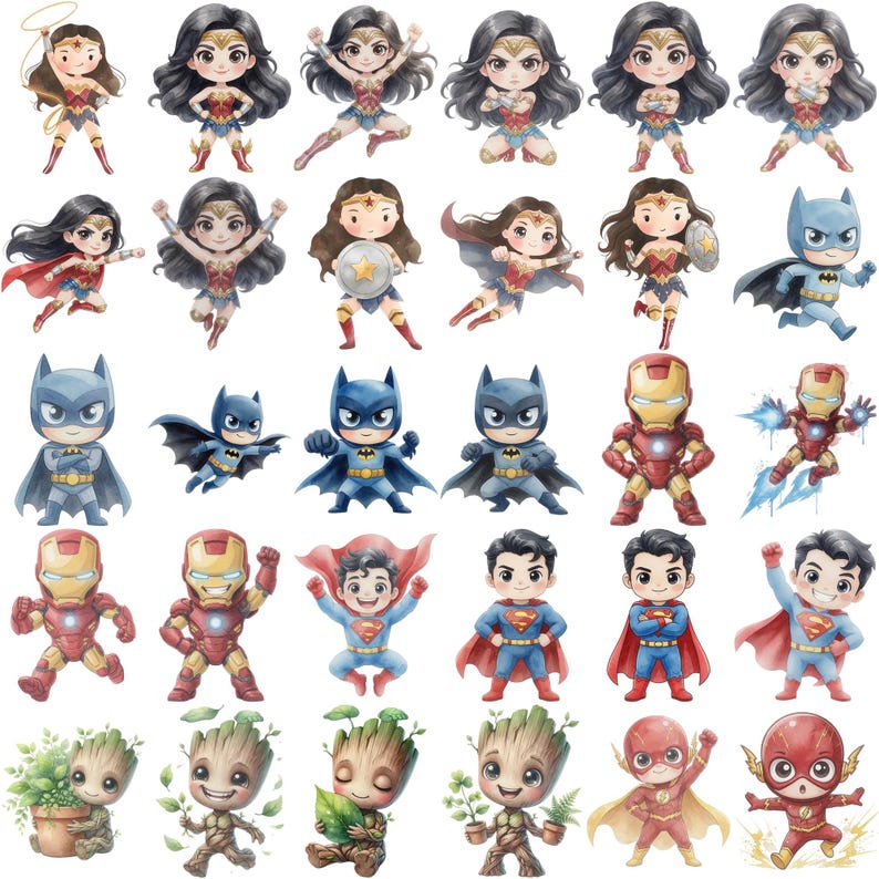K&ouml;nnte beinhalten: Eine Sammlung von Illustrationen im Aquarellstil von Superhelden, darunter Wonder Woman, Batman, Iron Man, Superman, The Flash und Groot. Die Charaktere sind in einem niedlichen Chibi-Stil mit leuchtenden Farben und dynamischen Posen dargestellt. Der Hintergrund ist wei&szlig;.