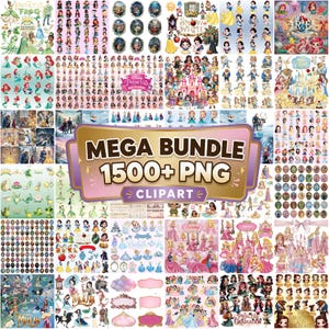 1500+ Prinsessa Mega Bundle PNG-filer, Sagoprinsessa Clipart, Födelsedagsfestdekor, Tecknad Prinsessa Digital Nedladdning