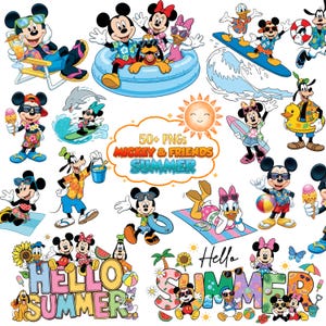May include: A collection of colorful PNG images featuring Mickey Mouse, Minnie Mouse, Donald Duck, Goofy, and Pluto enjoying summer activities. The images include characters surfing, sunbathing, and playing with beach balls. Text includes "50+ PNGs Mickey & Friends Summer" and "Hello Summer".