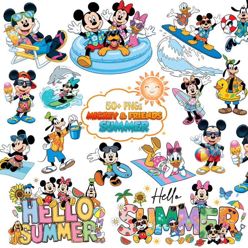 May include: A collection of colorful PNG images featuring Mickey Mouse, Minnie Mouse, Donald Duck, Goofy, and Pluto enjoying summer activities. The images include characters surfing, sunbathing, and playing with beach balls. Text includes "50+ PNGs Mickey & Friends Summer" and "Hello Summer".