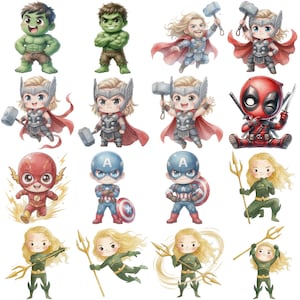 K&ouml;nnte beinhalten: Eine Sammlung von Aquarell-Illustrationen verschiedener Superhelden. Die Charaktere umfassen Hulk, Thor, Captain America, The Flash, Aquaman und Deadpool, jeweils im Chibi-Stil mit leuchtenden Farben und dynamischen Posen.