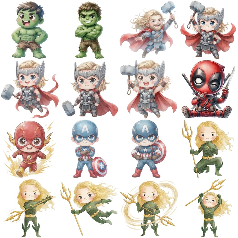 K&ouml;nnte beinhalten: Eine Sammlung von Aquarell-Illustrationen verschiedener Superhelden. Die Charaktere umfassen Hulk, Thor, Captain America, The Flash, Aquaman und Deadpool, jeweils im Chibi-Stil mit leuchtenden Farben und dynamischen Posen.