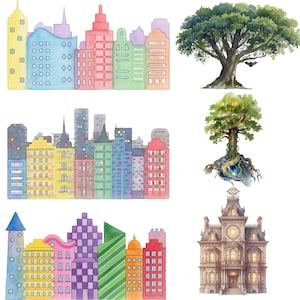 K&ouml;nnte beinhalten: Aquarellillustrationen von farbenfrohen Stadtlandschaften und B&auml;umen. Die Stadtlandschaften zeigen Geb&auml;ude in verschiedenen Farben und Stilen, w&auml;hrend die B&auml;ume eine gro&szlig;e Eiche und einen Baum mit freiliegenden Wurzeln umfassen. Die Bilder haben einen skurrilen, k&uuml;nstlerischen Stil.