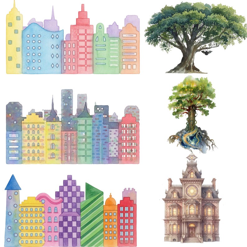 K&ouml;nnte beinhalten: Aquarellillustrationen von farbenfrohen Stadtlandschaften und B&auml;umen. Die Stadtlandschaften zeigen Geb&auml;ude in verschiedenen Farben und Stilen, w&auml;hrend die B&auml;ume eine gro&szlig;e Eiche und einen Baum mit freiliegenden Wurzeln umfassen. Die Bilder haben einen skurrilen, k&uuml;nstlerischen Stil.