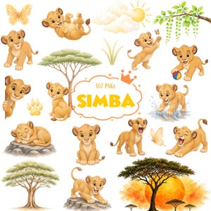 Può includere: Una collezione di illustrazioni digitali che ritraggono un cucciolo di leone in varie pose, tra cui giocare, dormire e sedersi. Il set include acacie, un sole, nuvole, farfalle e il testo 107 PNGs SIMBA in una cornice a forma di nuvola.