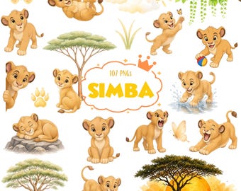 100+ Simba Watercolor Clipart, Lion King Clipart PNG, Safari Birthday Party Graphics, Savanna Birthday Collection