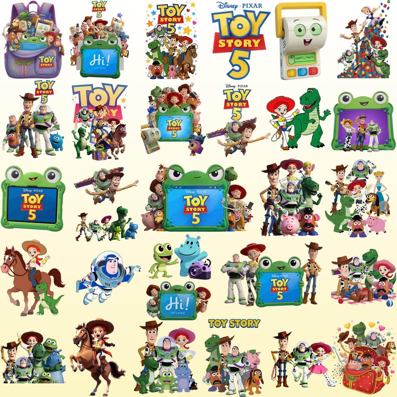 K&ouml;nnte beinhalten: Eine Sammlung digitaler Illustrationen mit Toy Story 5-Figuren wie Woody, Buzz Lightyear, Jessie, Rex und Slinky Dog, neben froschf&ouml;rmigen Rahmen, Rucks&auml;cken und Handger&auml;ten mit dem Toy Story 5-Logo.