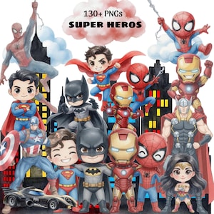 Può includere: Illustrazione ad acquerello con vari supereroi, tra cui Spider-Man, Superman, Batman e Iron Man. L'immagine include il testo "130+ PNGs SUPER HEROES". I personaggi sono raffigurati in stile cartone animato.