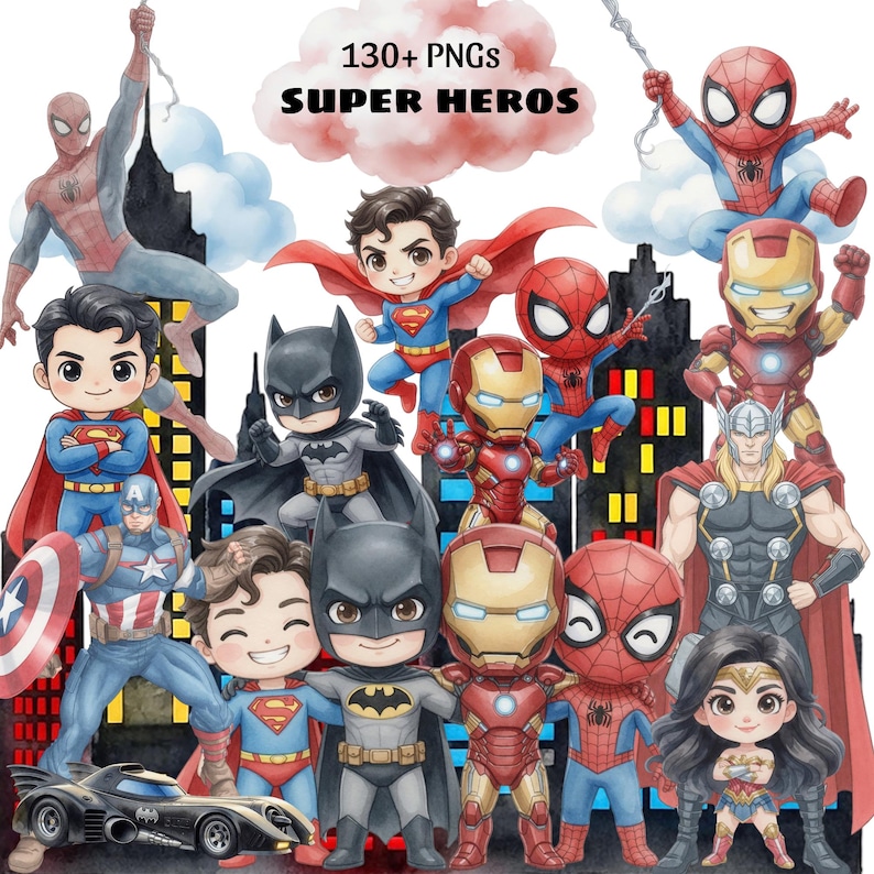 K&ouml;nnte beinhalten: Aquarell-Illustration mit verschiedenen Superhelden, darunter Spider-Man, Superman, Batman und Iron Man. Das Bild enth&auml;lt den Text "130+ PNGs SUPER HEROES". Die Charaktere sind im Cartoon-Stil dargestellt.