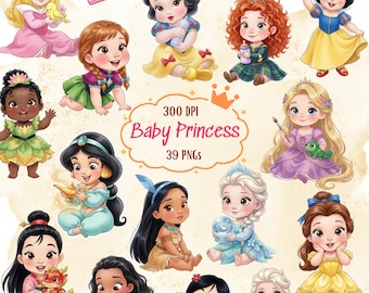 Cute Baby Princess Watercolor Clipart, Hand Drawn, Cute Cartoon, Little Cute Princess, Baby Shower, Princess Cliparts, Baby Princess