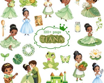 Cute Princess and Frog Clipart • High Resolution PNG Bundle, Princess Tiana Watercolor Collection • Instant Download