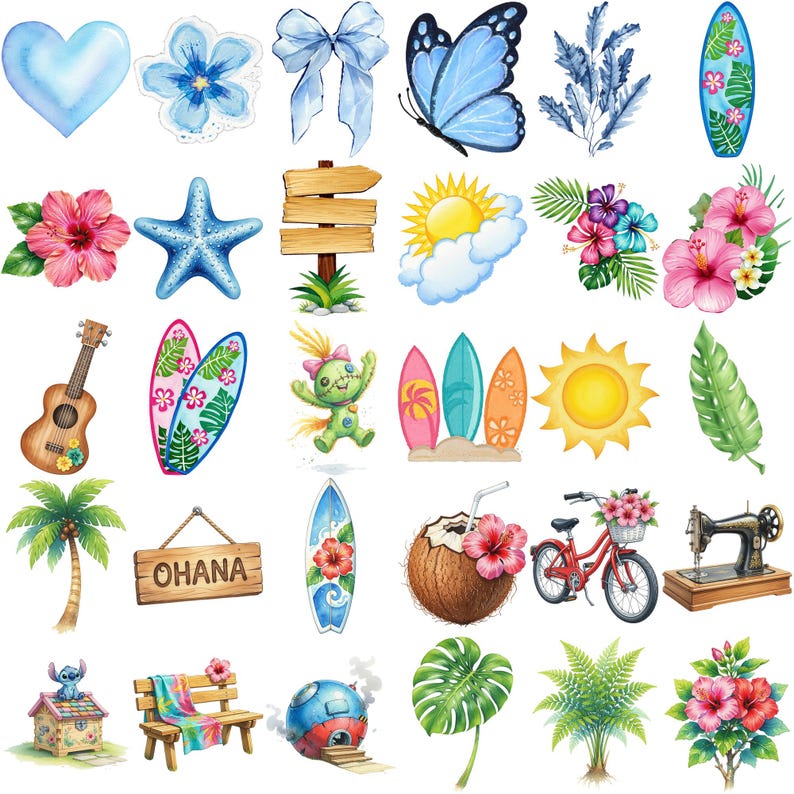 May include: Watercolor illustrations of tropical and beach-themed elements, including a blue butterfly, hibiscus flowers, surfboards, a ukulele, a coconut, a bicycle, and a sewing machine.