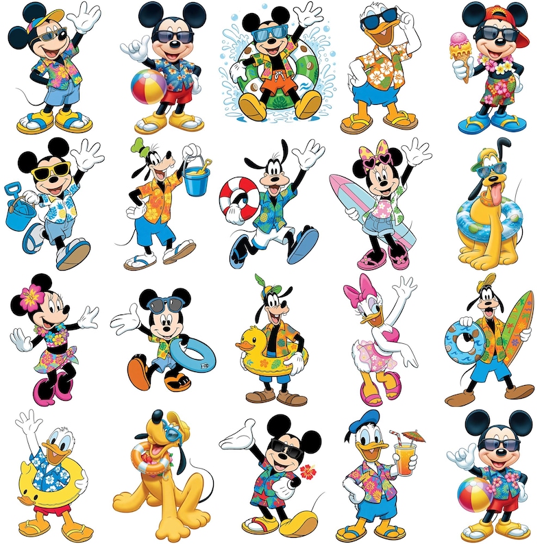 May include: A collection of colorful cartoon characters, including Mickey Mouse, Minnie Mouse, Donald Duck, Goofy, and Pluto, in summer attire. They are wearing sunglasses, Hawaiian shirts, and holding beach balls, surfboards, and ice cream cones. The characters are set against a white background.
