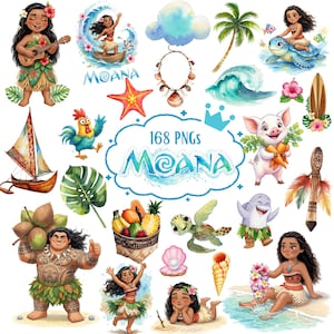 May include: A set of watercolour illustrations inspired by the film "Moana." The images include characters, tropical plants, a boat, and the text "Moana" and "168 PNGs."