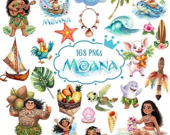 160+ Moana Watercolor Clipart Bundle PNG, Moana Clipart, Ocean Tropical Birthday Party Clipart, Cute Moana Characters PNG